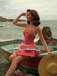 Red 1940s Polka Dot Halter Bow One-Piece Swimdress