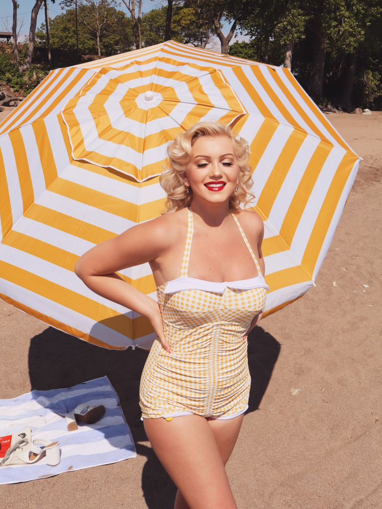 Gingham 1950s Halter Bowknot One-piece Swimsuit
