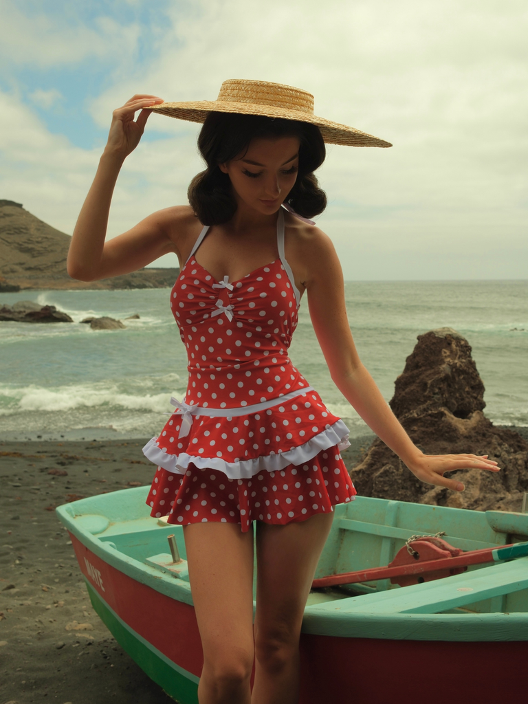 Red 1940s Polka Dot Halter Bow One-Piece Swimdress