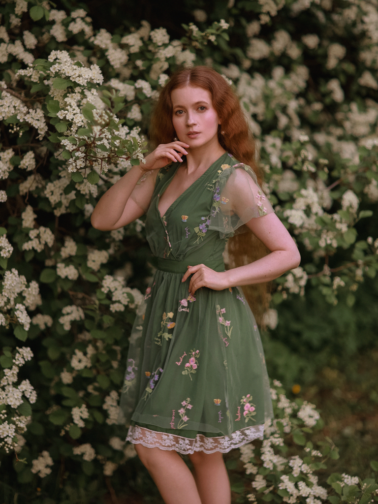 Green 1950s Floral Puff Sleeve Mesh Embroidered Dress