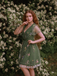 Green 1950s Floral Puff Sleeve Mesh Embroidered Dress