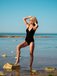 Black 1960s Velvet Back Cross Straps Swimsuit