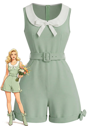 [Pre-Sale] Sage Green 1950s Bow Peter Pan Collar Belted Romper, vintage romper, retro jumpsuit - perfect for women who love vintage and retro fashion