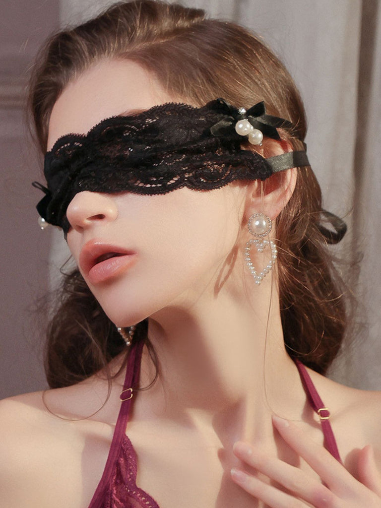 See-Through Pearl Decor Lace Eye Mask - vintage fashion, retro style