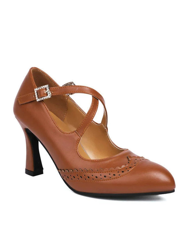 Vintage Crossed Straps Brogue Detail High Heel Shoes - vintage shoes, retro heels