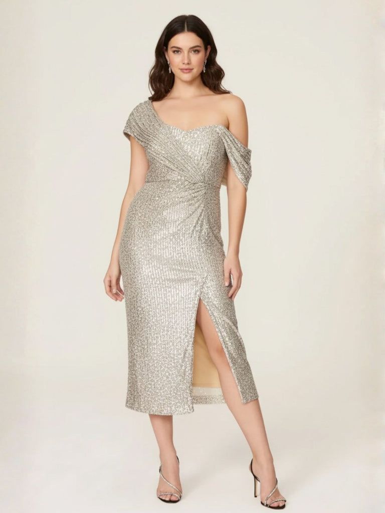 Silver 1920s Sequin One-Shoulder Side-Slit Dress - vintage dress, retro fashion, Gatsby party