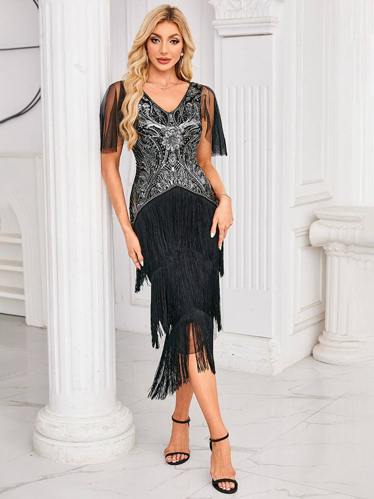 Silver 1920s Sequined Tassel Mesh Patchwork Dress - vintage dress, retro fashion, Gatsby party