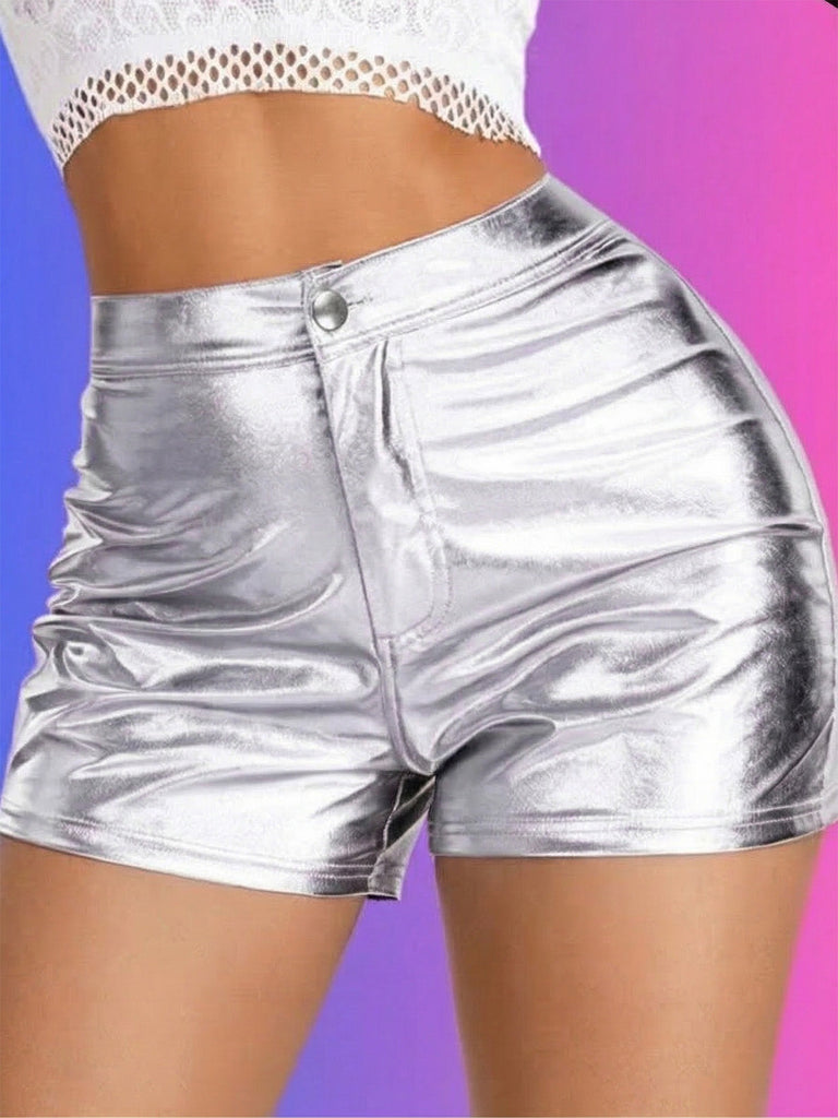 Silver 1970s Metallic Shiny Party Costume Shorts Set, vintage fashion, retro style - perfect for women who love vintage and retro fashion