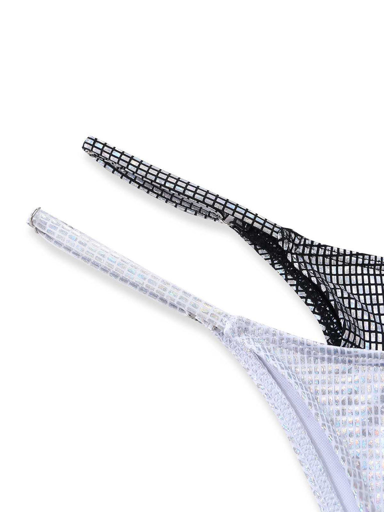 Silver 1980s Halter Shimmer Fake Two-Piece Bikini Set: beautiful vintage swimwear, retro swimsuit, pin-up style with timeless appeal