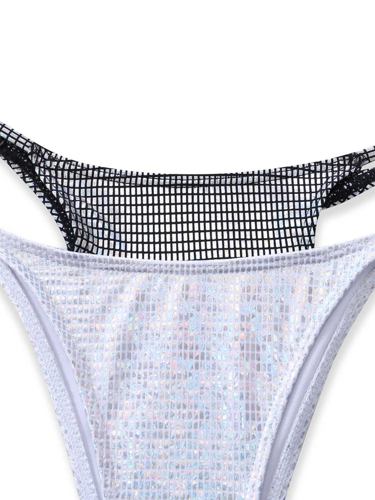 Silver 1980s Halter Shimmer Fake Two-Piece Bikini Set | vintage swimwear, retro swimsuit, pin-up style - perfect for retro fashion enthusiasts