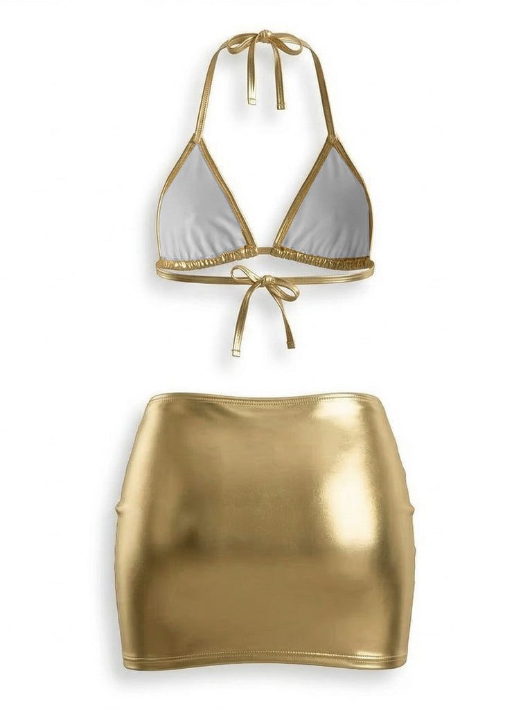 Silver 1980s Metallic Bikini Set 3PCS, vintage swimsuit, pin-up swimwear - perfect for women who love vintage and retro fashion
