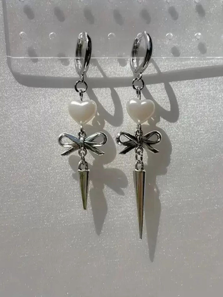 Silver Heart Asymmetrical Bow Drop Gothic Earrings - vintage fashion, retro style