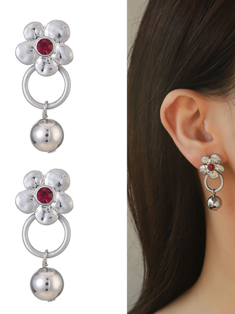 Silver & Red Rhinestone Flower Bell Earrings: vintage detail work for the woman who notices