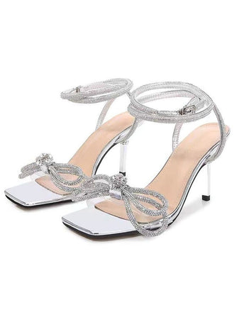 Silver Rhinestone Ankle Strap Heels - vintage shoes, retro heels