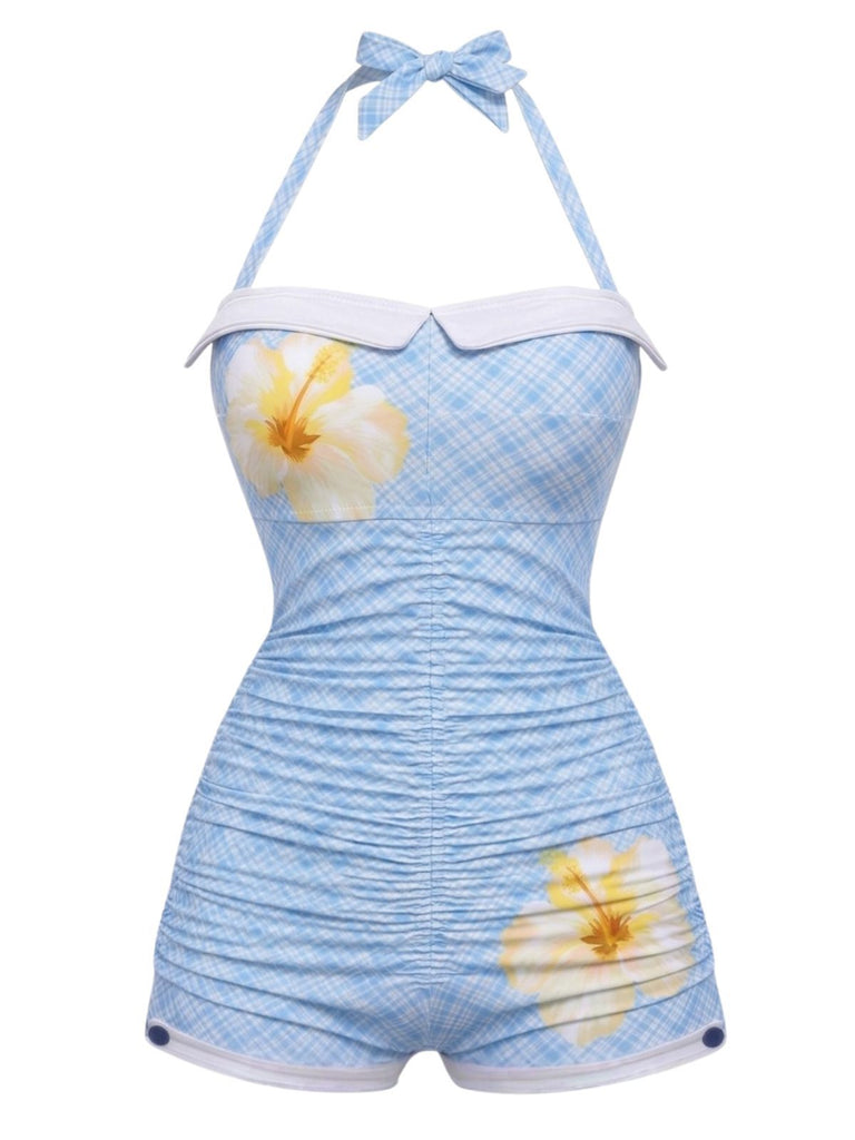 Blue-Green Gingham 1950s Halter Bowknot One-piece Swimsuit, vintage swimsuit, pin-up swimwear, retro beach style, women, elegant