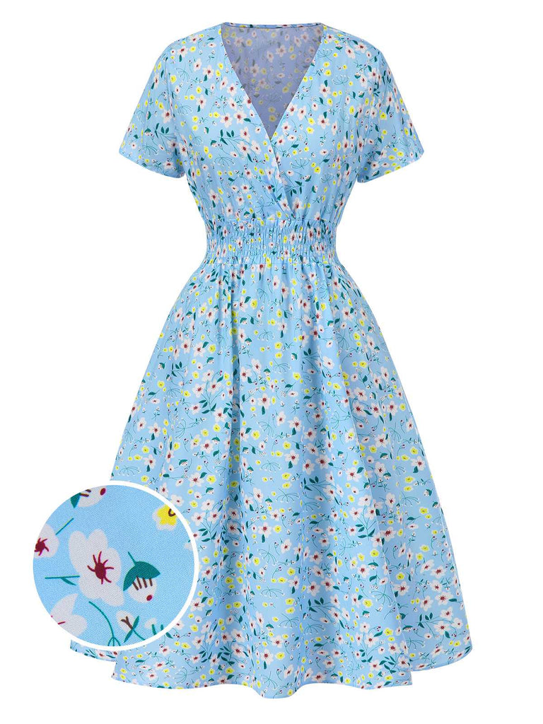 Sky Blue 1950s Floral V-Neck A-line Dress, vintage dress, retro fashion, rockabilly, pin-up fashion - perfect for women who love vintage and retro fashion