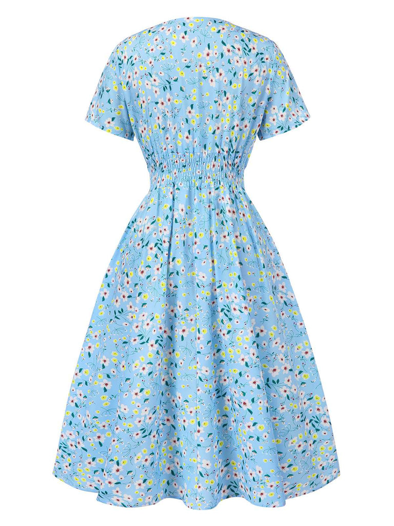 Sky Blue 1950s Floral V-Neck A-line Dress, vintage dress, retro fashion, rockabilly, pin-up fashion - perfect for women who love vintage and retro fashion