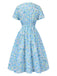 Sky Blue 1950s Floral V-Neck A-line Dress, vintage dress, retro fashion, rockabilly, pin-up fashion - perfect for women who love vintage and retro fashion