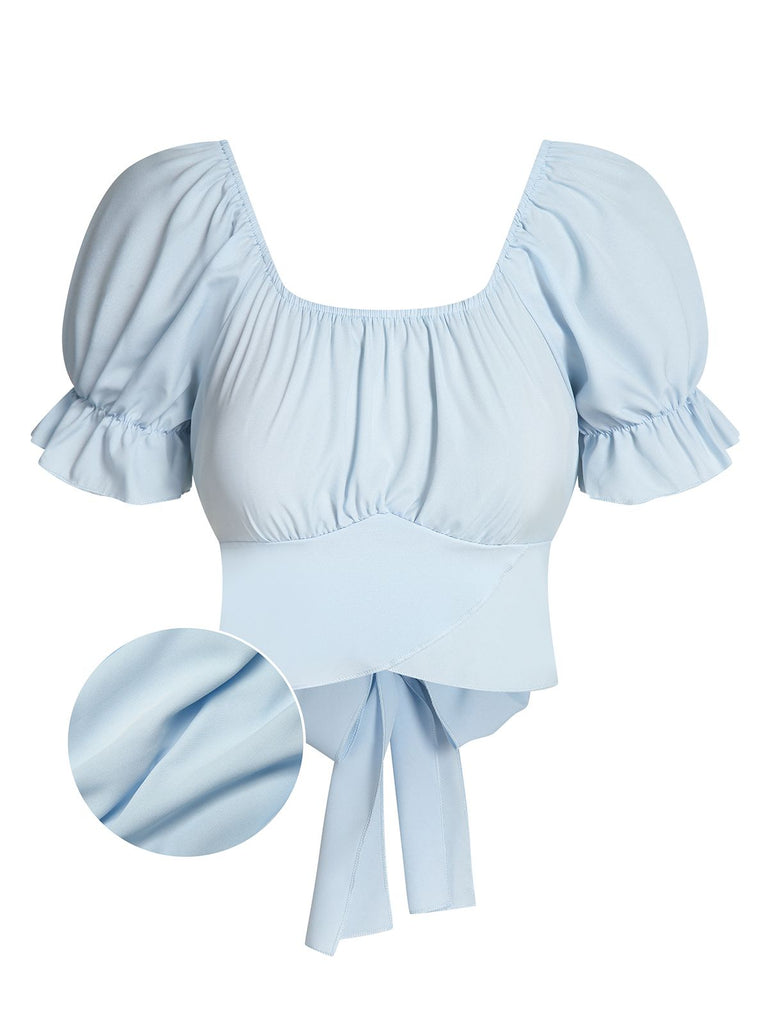 Sky Blue 1950s Solid Puff Sleeves Tops - vintage fashion, retro style