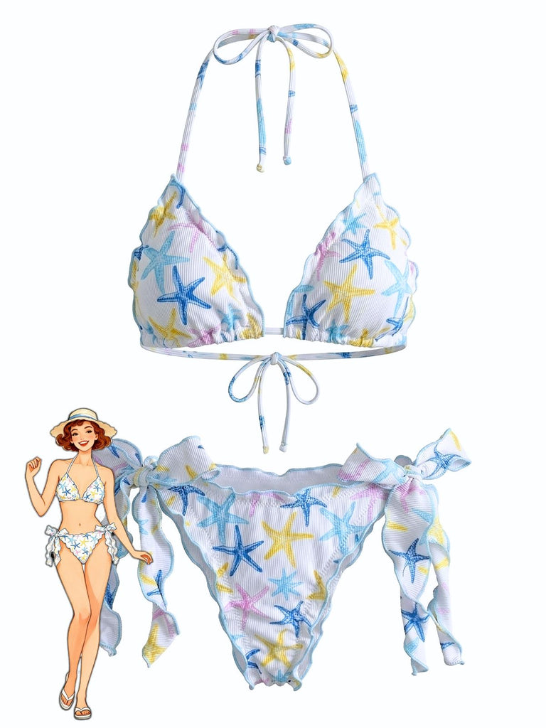 Sky Blue 1960s Starfish Print Halter Bow Tie Bikini Set - vintage swimsuit, pin-up swimwear for vintage lovers