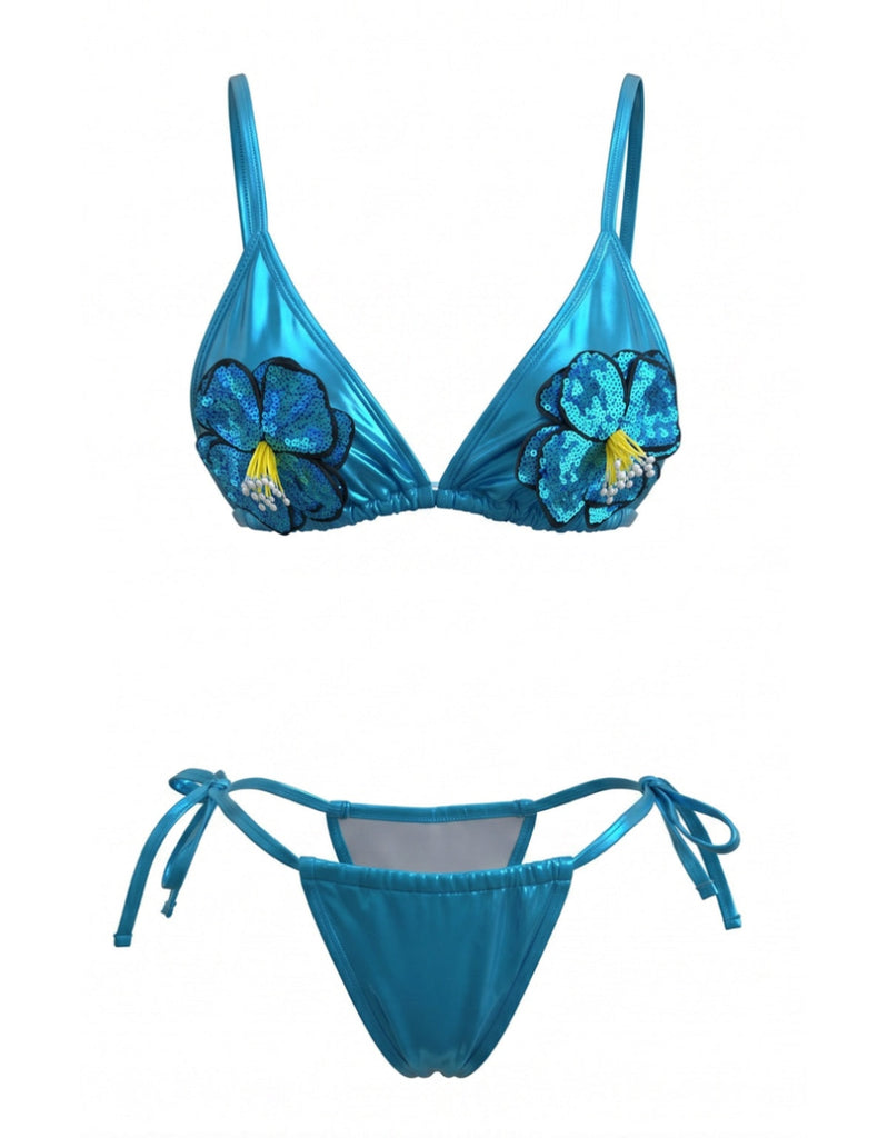 Sky Blue 1980s Sequined 3D Floral Bikini Set, vintage swimsuit, pin-up swimwear - perfect for women who love vintage and retro fashion