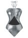 Metallic silver swimsuit with a black triangle design on a white background