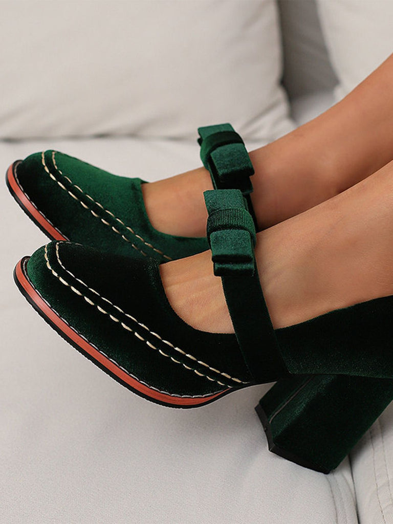 Solid Suede Mary Jane Bow Detail Pumps - vintage fashion, retro style