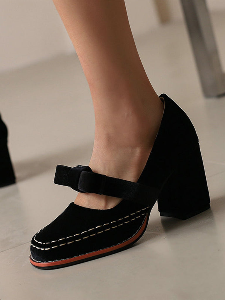 Solid Suede Mary Jane Bow Detail Pumps - vintage fashion, retro style