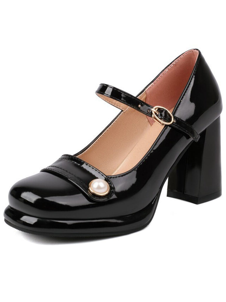 Square Toe PU Leather Pearl Chunky Heels - vintage shoes, retro heels