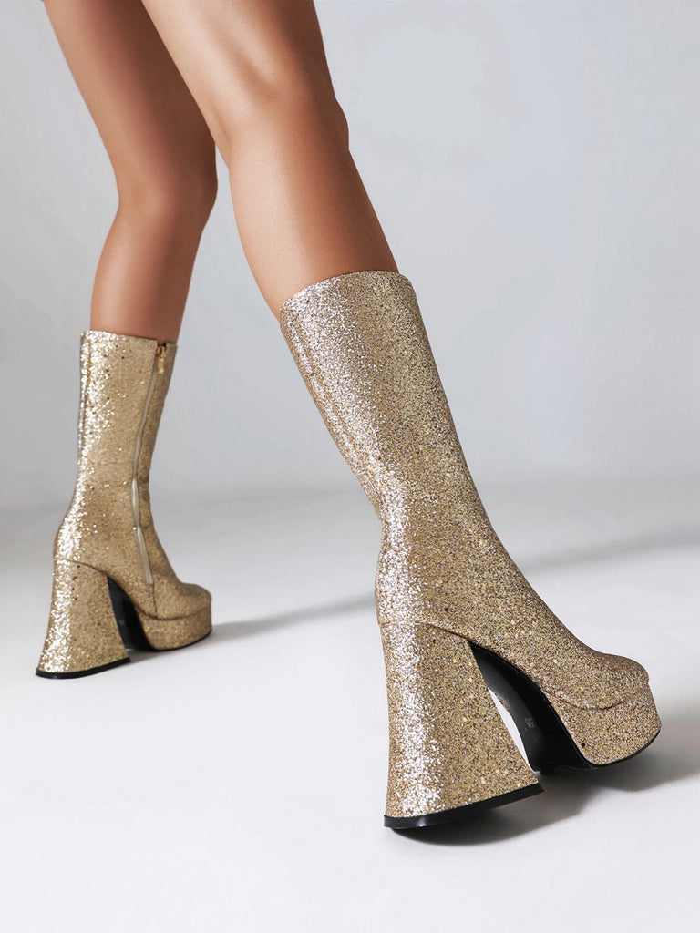 Square Toe Sequined Chunky Heel Mid-Calf Boots — vintage style that transcends decades