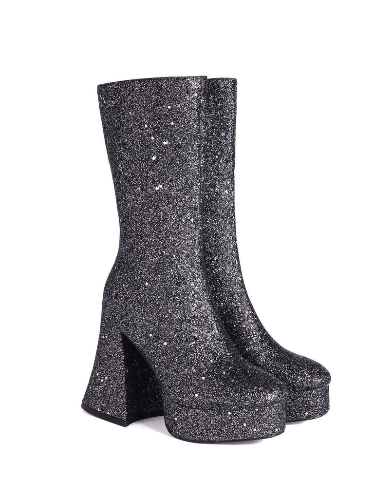 She finds her vintage story in this Square Toe Sequined Chunky Heel Mid-Calf Boots