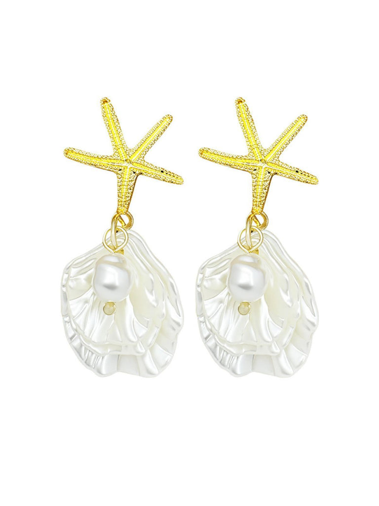 Starfish Shell Pearl Drop Earrings - vintage fashion, retro style