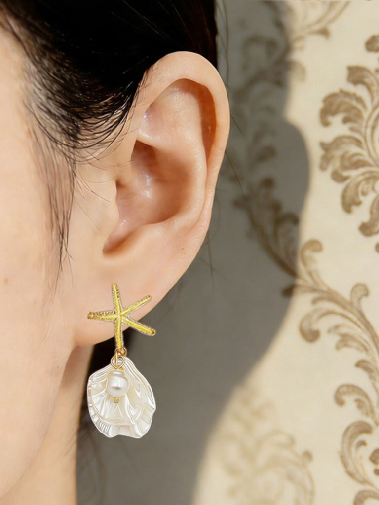 Starfish Shell Pearl Drop Earrings - vintage fashion, retro style