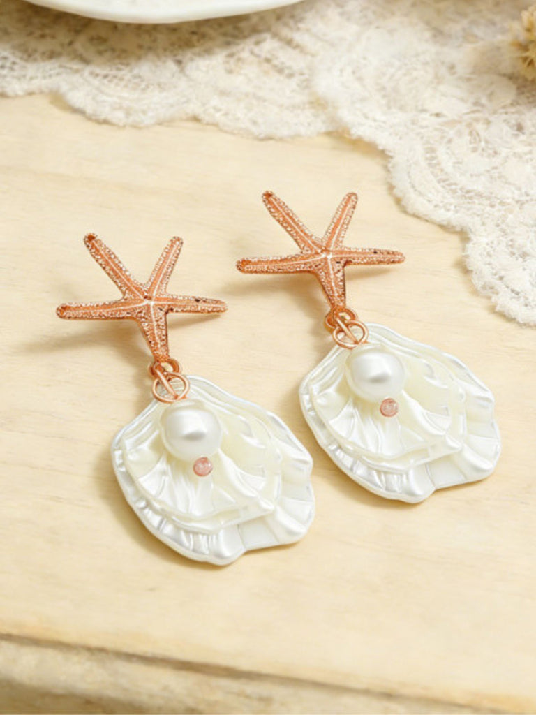 Starfish Shell Pearl Drop Earrings - vintage fashion, retro style