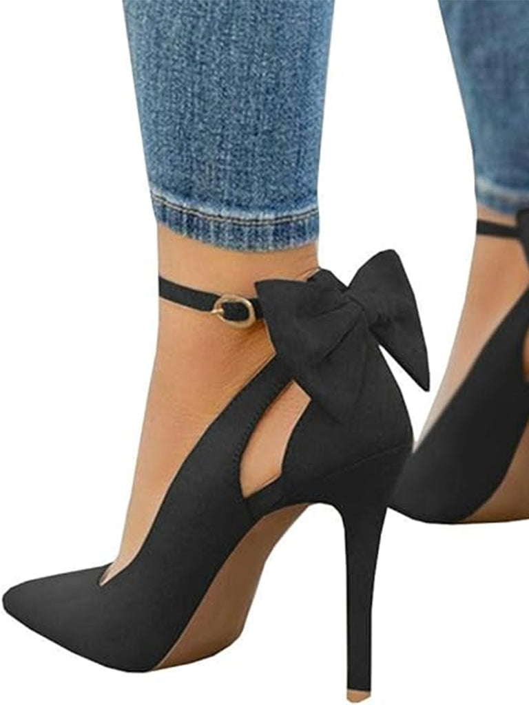 Suede Bow Ankle Strap Pointed Toe High Heel Shoes - vintage shoes, retro heels