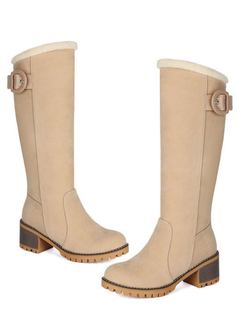 Suede buckle Faux Fur Knee-High Boots - vintage fashion, retro style