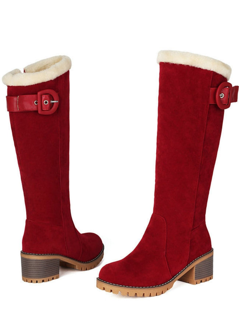 Suede buckle Faux Fur Knee-High Boots - vintage fashion, retro style