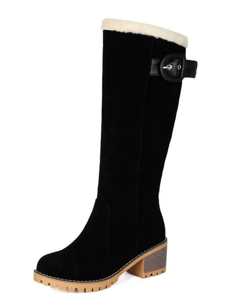 Suede buckle Faux Fur Knee-High Boots - vintage fashion, retro style