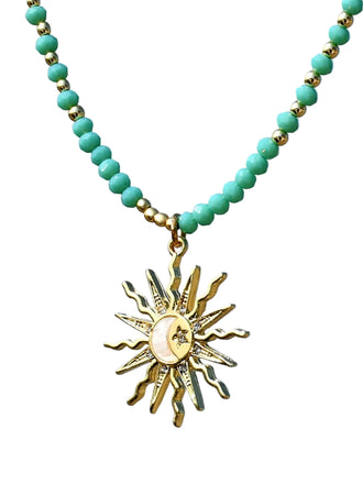 Sun & Moon & Star Rhinestone Green Beaded Necklace - vintage fashion, retro style