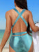 Turquoise Y2K Mermaid Scale Bow Metallic One-Piece Swimsuit - vintage swimsuit, pin-up style