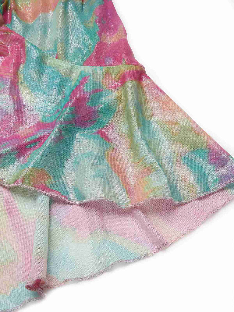 Colorful fabric with a tie-dye pattern on a white background