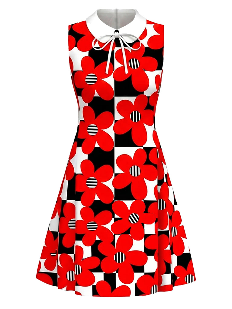 True Red 1960s Plaid Floral Bow Dress 2