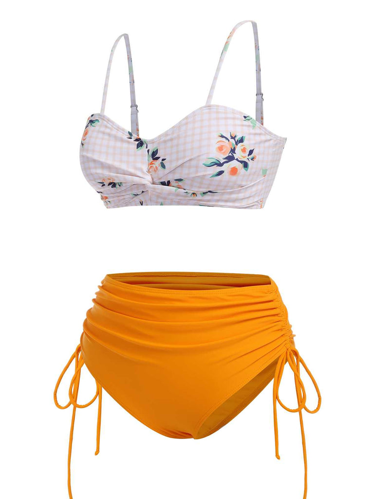This Turmeric 1940s Spaghetti Strap Roses Swimsuit carries 1940s vacation dreams in every stitch