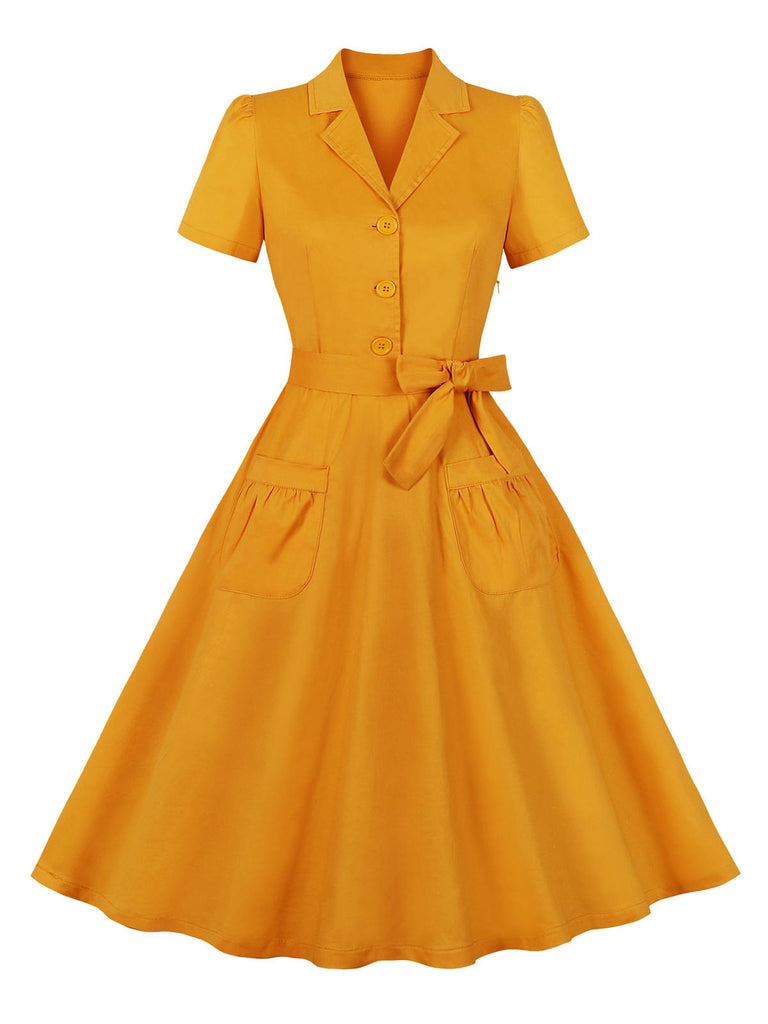 Turmeric 1950s Buttoned Lapel Belted Dress, vintage dress, retro fashion, rockabilly, pin-up fashion - perfect for women who love vintage and retro fashion