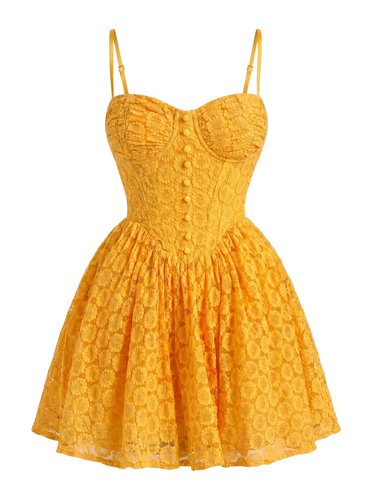 Turmeric 1950s Floral Embroidery Lace Backless Dress, vintage dress, retro fashion, rockabilly, pin-up fashion - perfect for women who love vintage and retro fashion