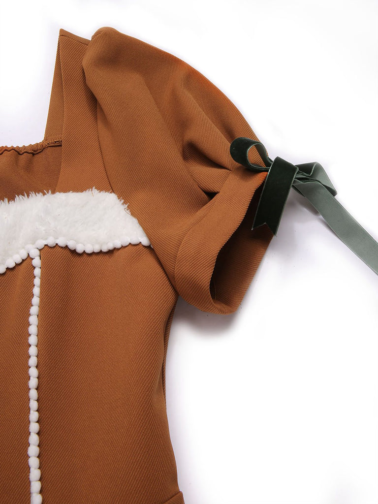 Turmeric 1950s Gingerbread Man Plush Trim Dress, vintage dress, retro fashion, rockabilly, pin-up fashion - perfect for women who love vintage and retro fashion