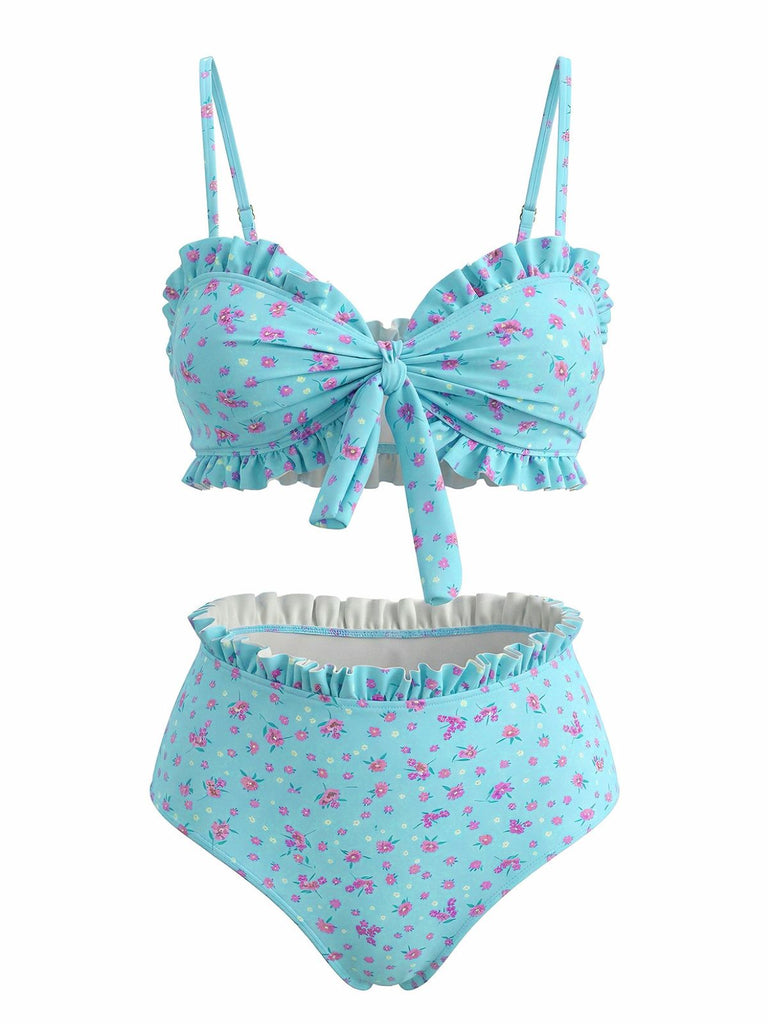 Turquoise 1950s Print Spaghetti Strap High Waist Tankini Set 4