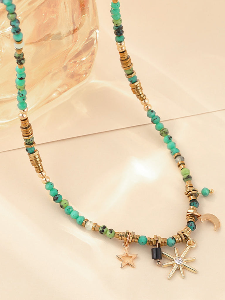 Turquoise Beaded Boho Star Moon Sun Pendant Necklace, vintage fashion, retro style - perfect for women who love vintage and retro fashion