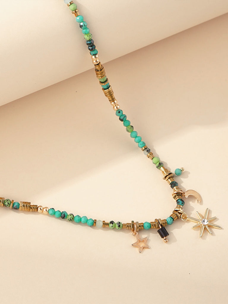 Turquoise Beaded Boho Star Moon Sun Pendant Necklace, vintage fashion, retro style - perfect for women who love vintage and retro fashion