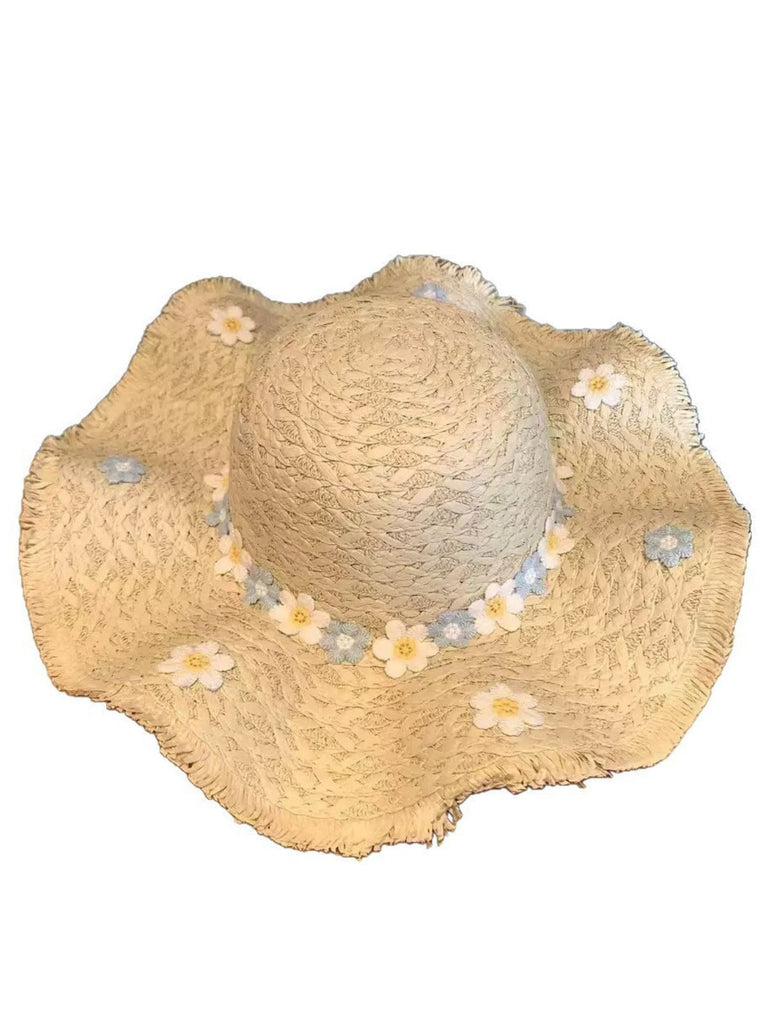 Vintage 3D Daisy Raffia Fringe Brim Sun Hat - vintage fashion, retro style
